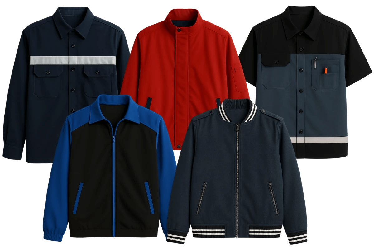 ภาพตัวอย่างเสื้อแจ็กเก็ตและเสื้อช็อป 5 แบบ 3 สี (กรม แดง น้ำเงิน) จาก Patara Garment