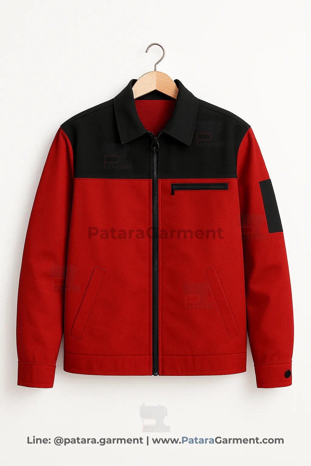 เสื้อแจ็คเก็ตไบค์เกอร์ทูโทนสีแดงตัดดำ รหัส J006 ดีไซน์เท่ (สามารถเปลี่ยนสีและเลือกชนิดผ้าได้) เหมาะสำหรับทำยูนิฟอร์มพนักงานส่งของและเสื้อทีม รับผลิตโดยโรงงานภัทร การ์เม้นท์