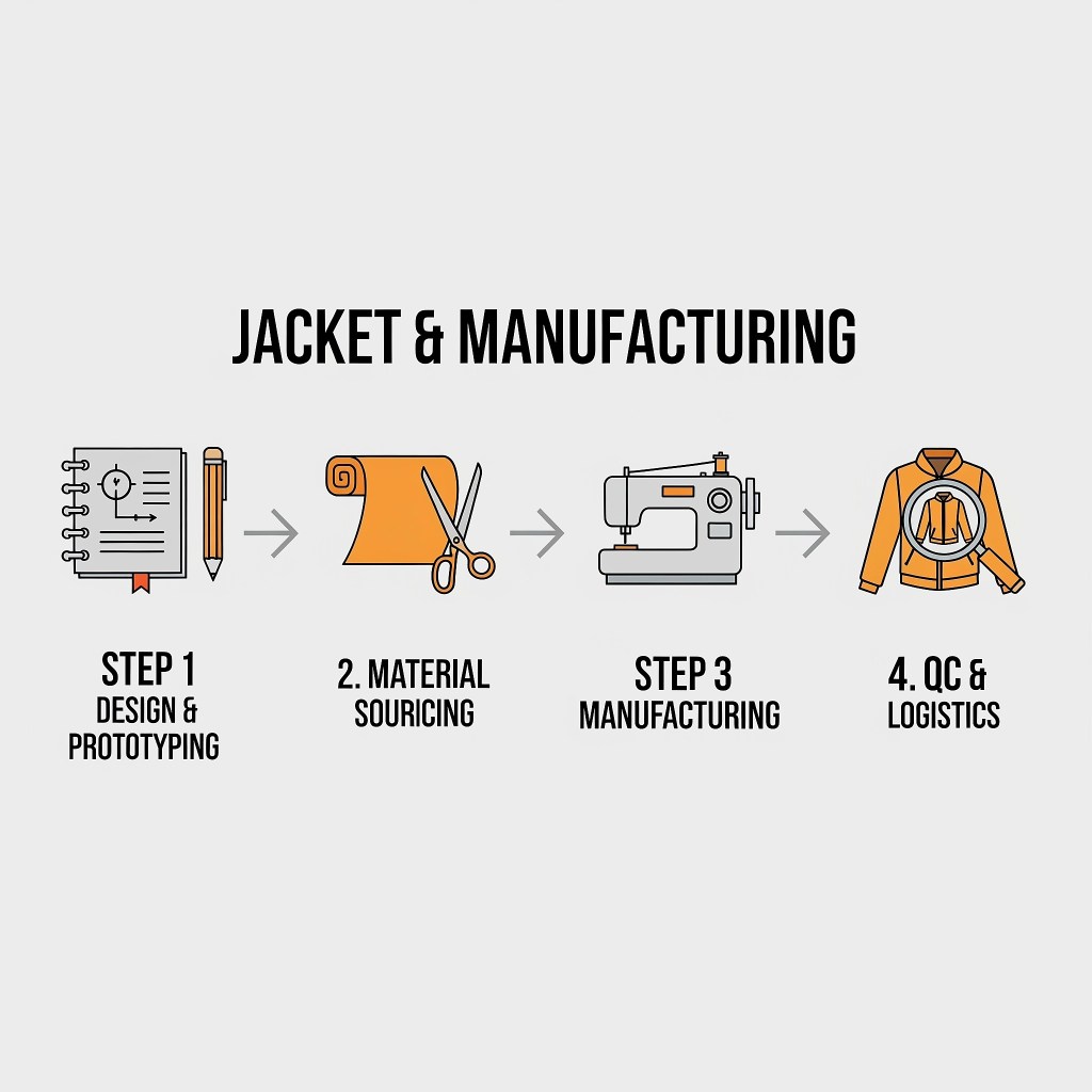 ภาพ Infographic: แผนภาพ Flowchart สรุป 4 ขั้นตอนการผลิตแจ็คเก็ต