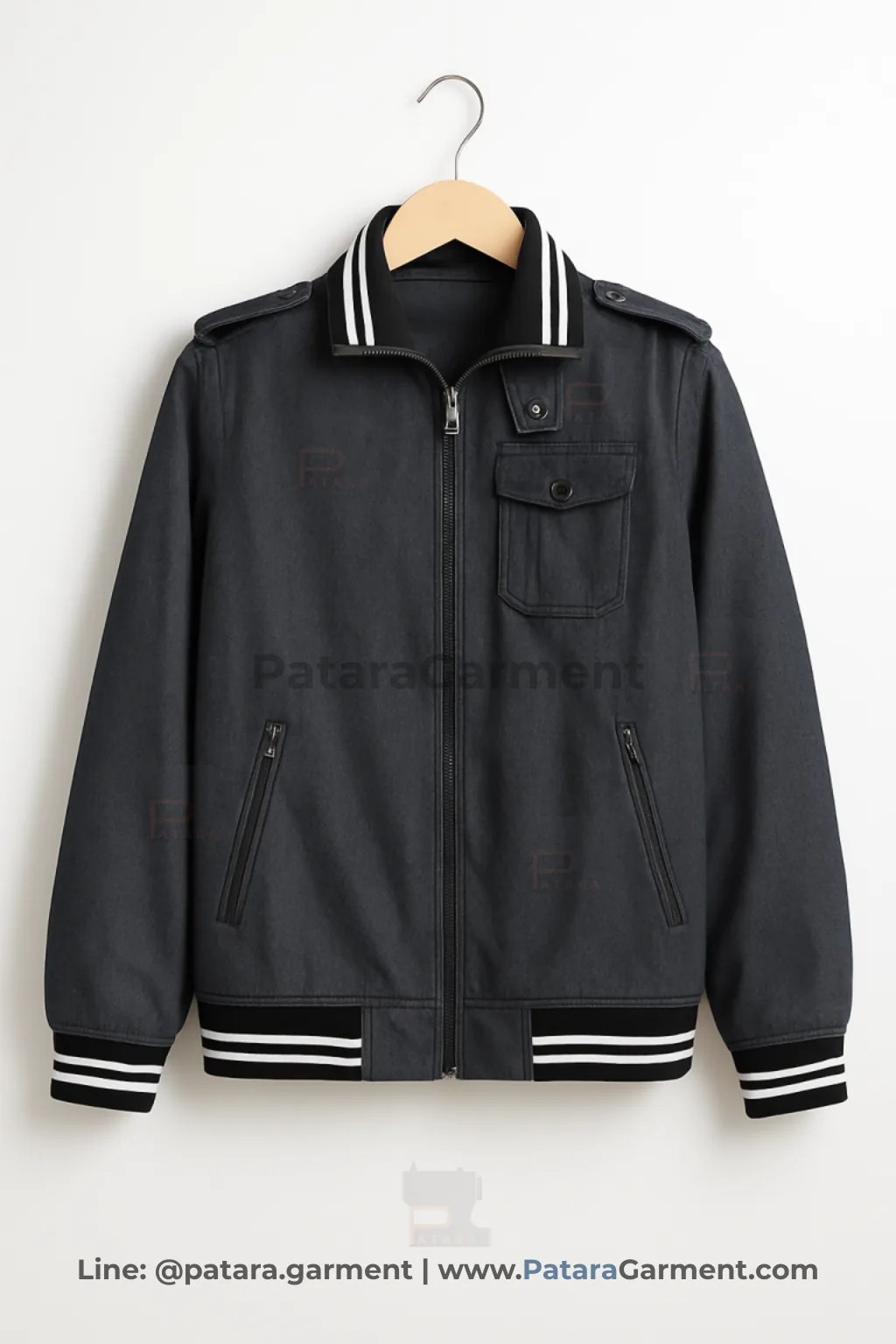 เสื้อแจ็คเก็ตบอมเบอร์สีเทาเข้มผ้าทวิล รหัส J007 แต่งอินทรธนูที่ไหล่และคอจั๊มป์ลายทาง (สามารถเปลี่ยนสีและเลือกชนิดผ้าได้) รับผลิตเป็นแจ็คเก็ตทีมและยูนิฟอร์ม โดยโรงงานภัทร การ์เม้นท์