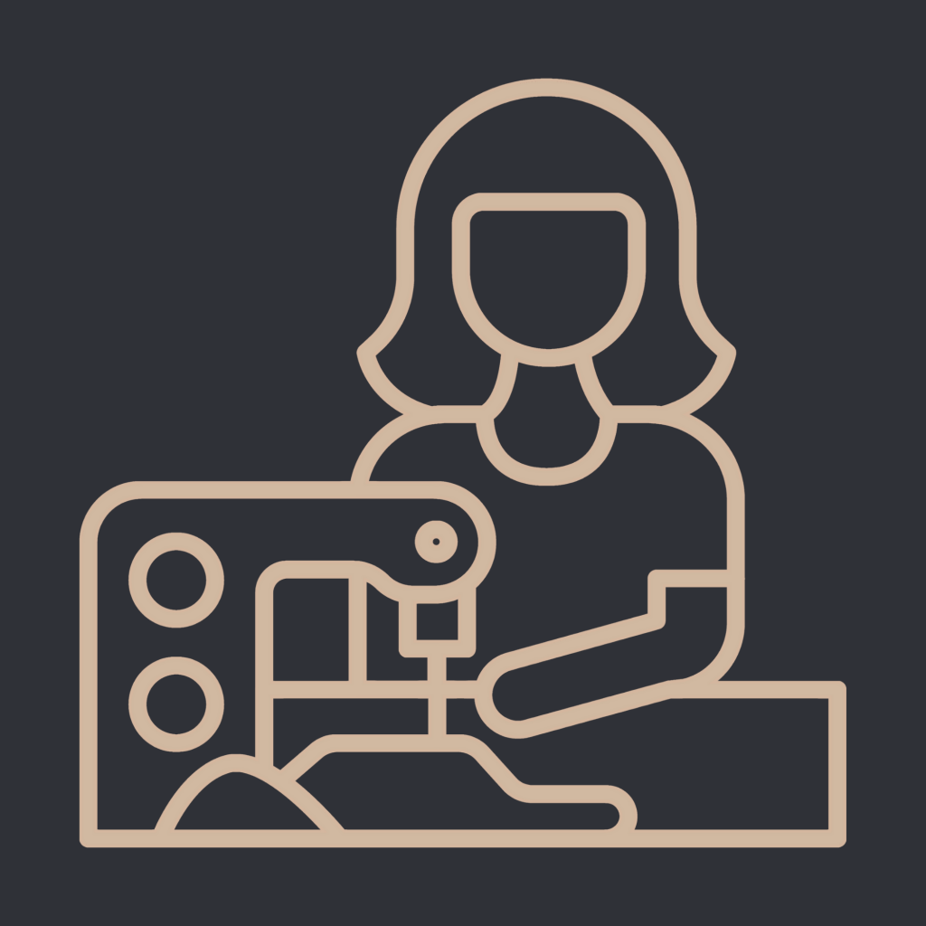 ไอคอนช่างเย็บผ้ากำลังใช้จักร – สื่อถึงการผลิตคุณภาพสูงในโรงงานของเรา