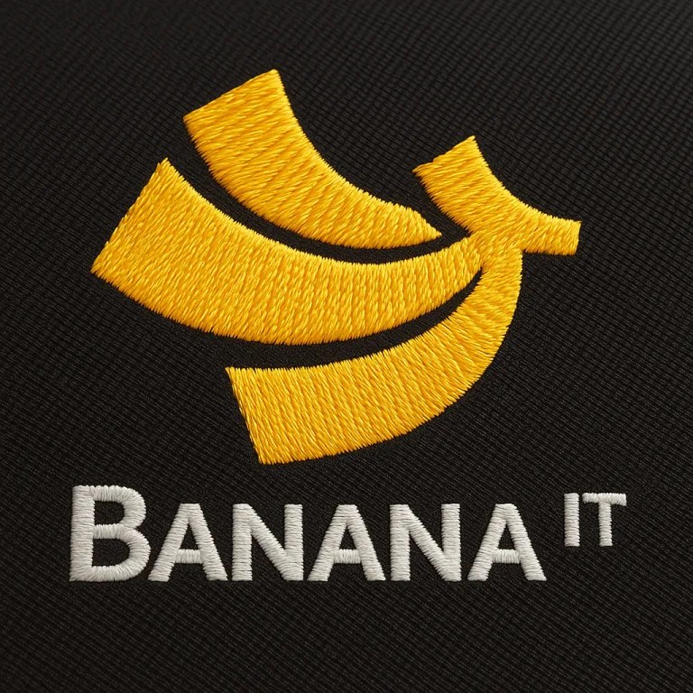 โลโก้ Banana IT รูปกล้วยสีเหลืองและตัวอักษรสีขาวปักบนผ้าสีดำ