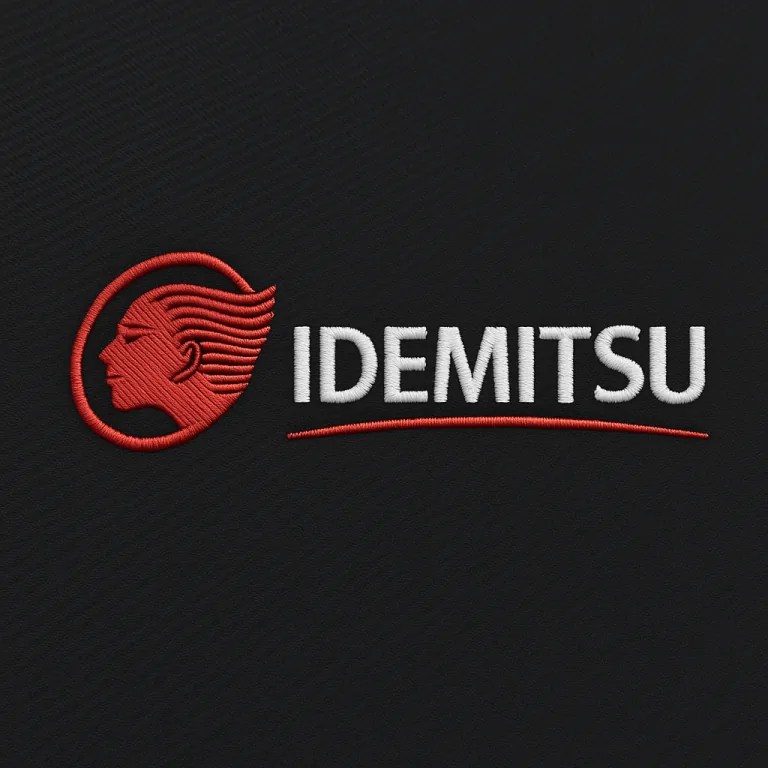 โลโก้ Idemitsu โปรไฟล์สีแดงและตัวอักษรสีขาวปักบนผ้าสีดำ