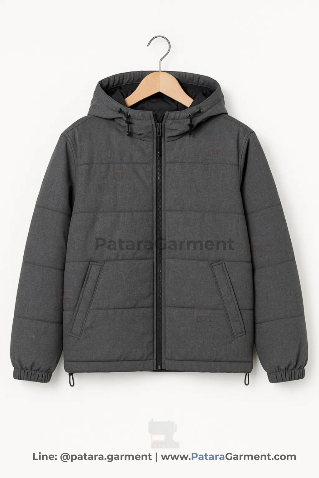 เสื้อแจ็คเก็ตมีฮู้ดสีเทาอ่อน J011 คอตั้ง ติดกระดุมแป๊ก แต่งขอบกระเป๋าสีดำ (เลือกสี/ผ้าและปักโลโก้ได้) รับผลิตยูนิฟอร์มโดยภัทร การ์เม้นท์