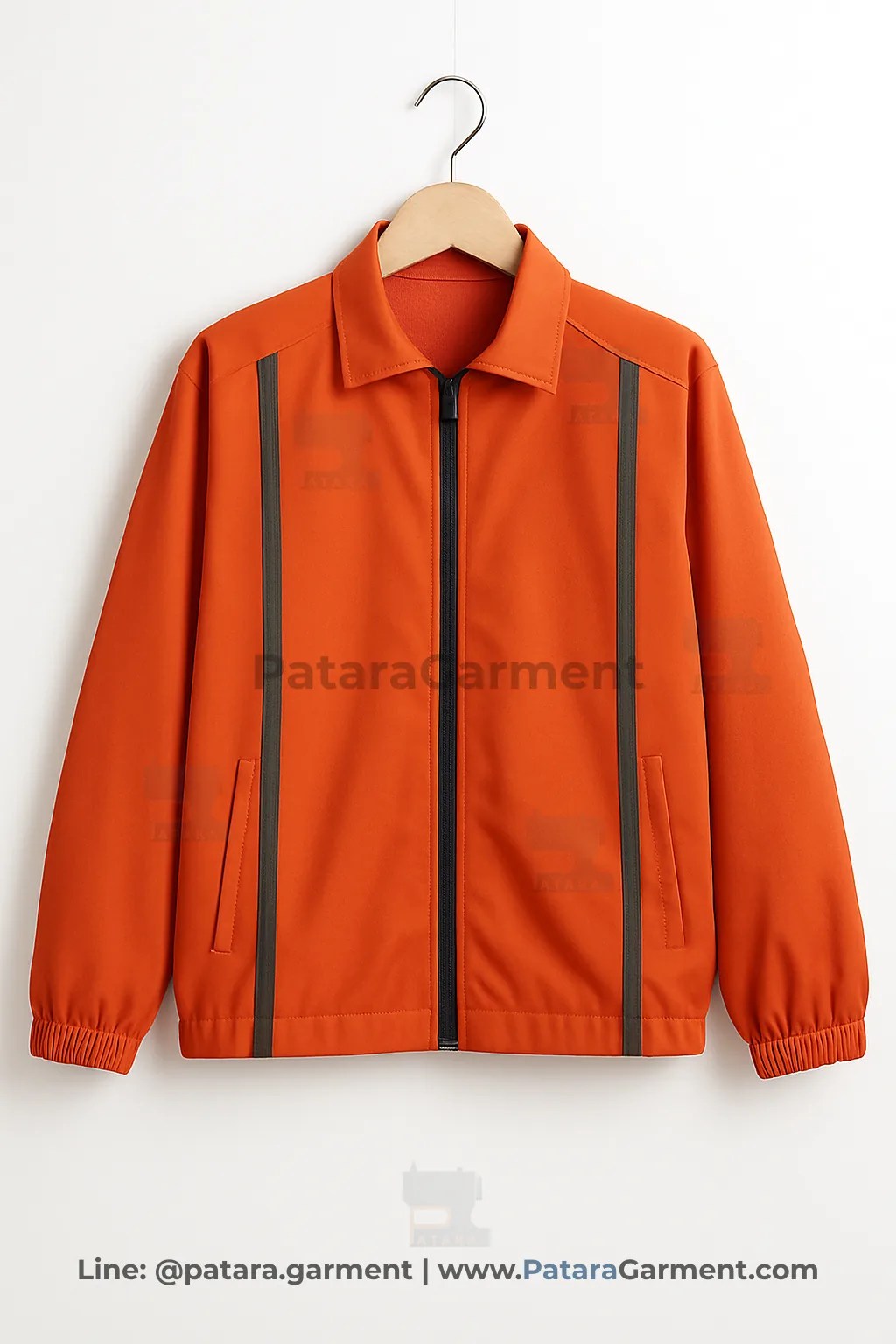 เสื้อแจ็คเก็ตสีส้มสด J012 แต่งแถบสีเทาเข้มแนวตั้งสำหรับยูนิฟอร์ม (เลือกสี/ผ้าและปักโลโก้ได้) รับผลิตโดยภัทร การ์เม้นท์