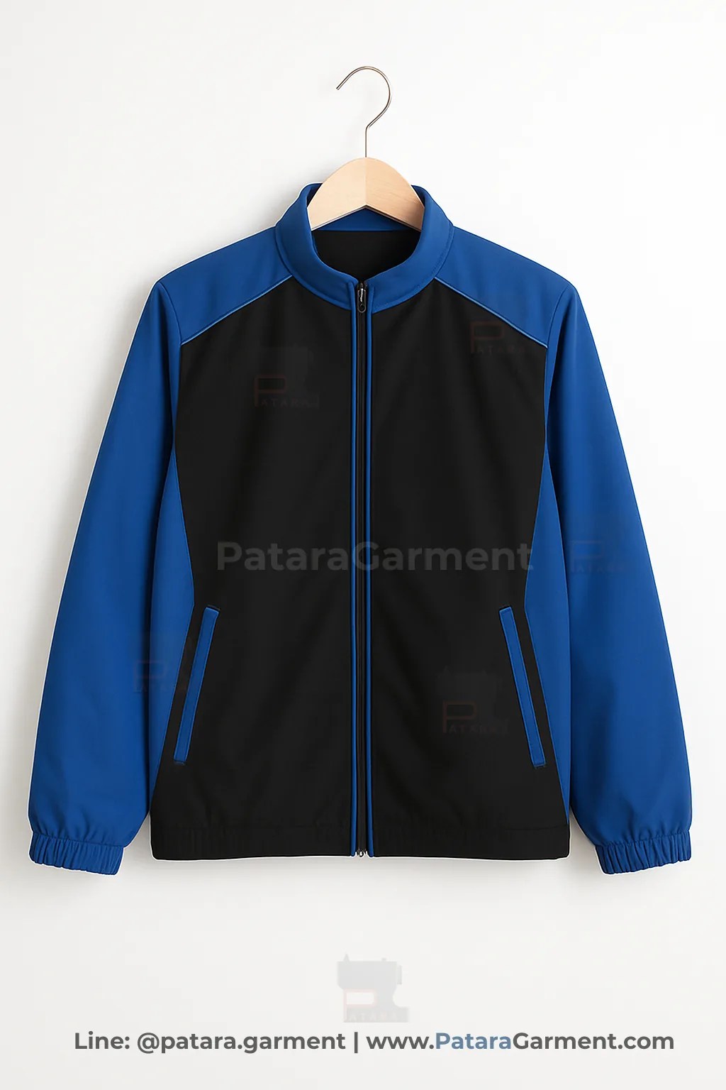 เสื้อแจ็คเก็ตทูโทนสีดำตัดแขนสีน้ำเงิน J014 สำหรับยูนิฟอร์มบริษัท (เลือกสี/ผ้าและปักโลโก้ได้) รับผลิตโดยภัทร การ์เม้นท์