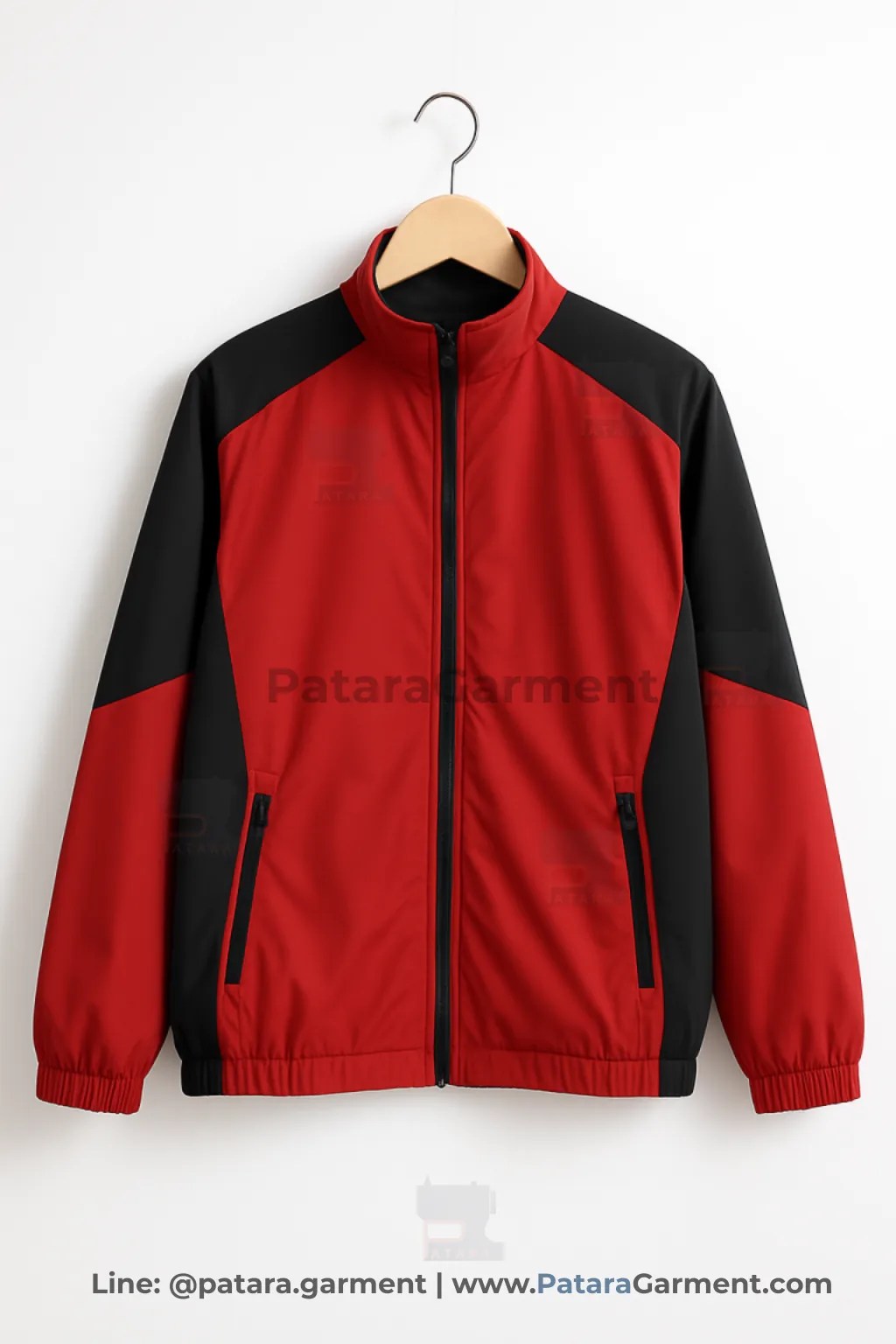 เสื้อแจ็คเก็ตทูโทนสีแดงตัดแขนดำ J016 สำหรับยูนิฟอร์มและเสื้อทีม (เลือกสี/ผ้าและปักโลโก้ได้) รับผลิตโดยภัทร การ์เม้นท์