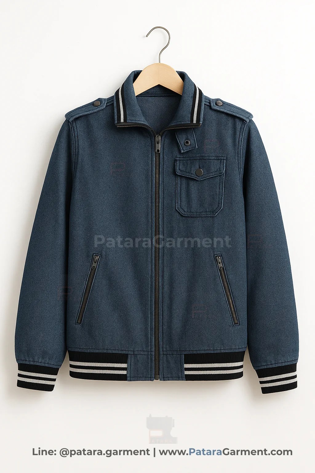 เสื้อแจ็คเก็ตบอมเบอร์ผ้ายีนส์ J018 แต่งอินทรธนูและคอจั๊มป์ลายทาง (เลือกใช้ผ้าอื่น/ปักโลโก้ได้) รับผลิตโดยภัทร การ์เม้นท์