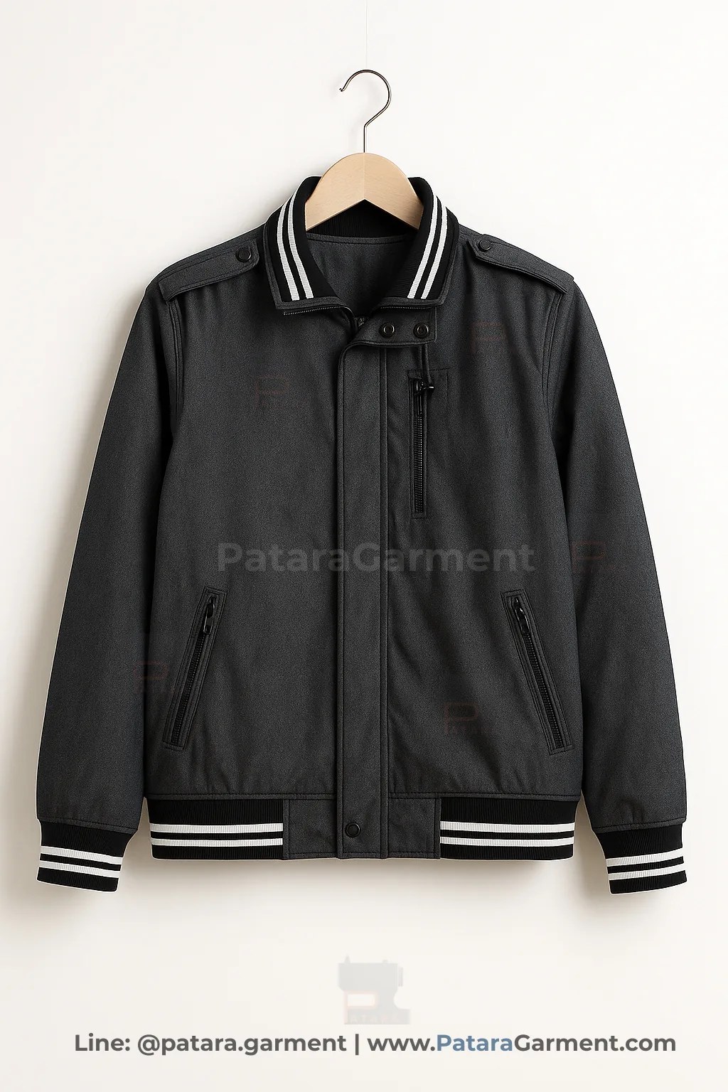 เสื้อแจ็คเก็ตบอมเบอร์สีเทาเข้ม J019 แต่งอินทรธนูและซิปอก (เลือกสี/ผ้าและปักโลโก้ได้) รับผลิตโดยภัทร การ์เม้นท์