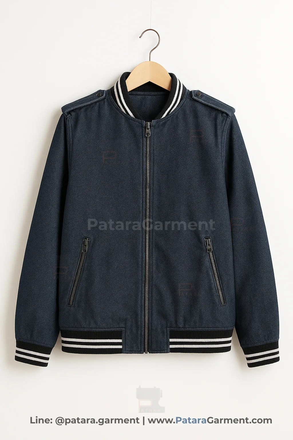 เสื้อแจ็คเก็ตบอมเบอร์ผ้ายีนส์สีกรมท่าเข้ม J020 แต่งอินทรธนู (เลือกใช้ผ้าอื่น/ปักโลโก้ได้) รับผลิตโดยภัทร การ์เม้นท์