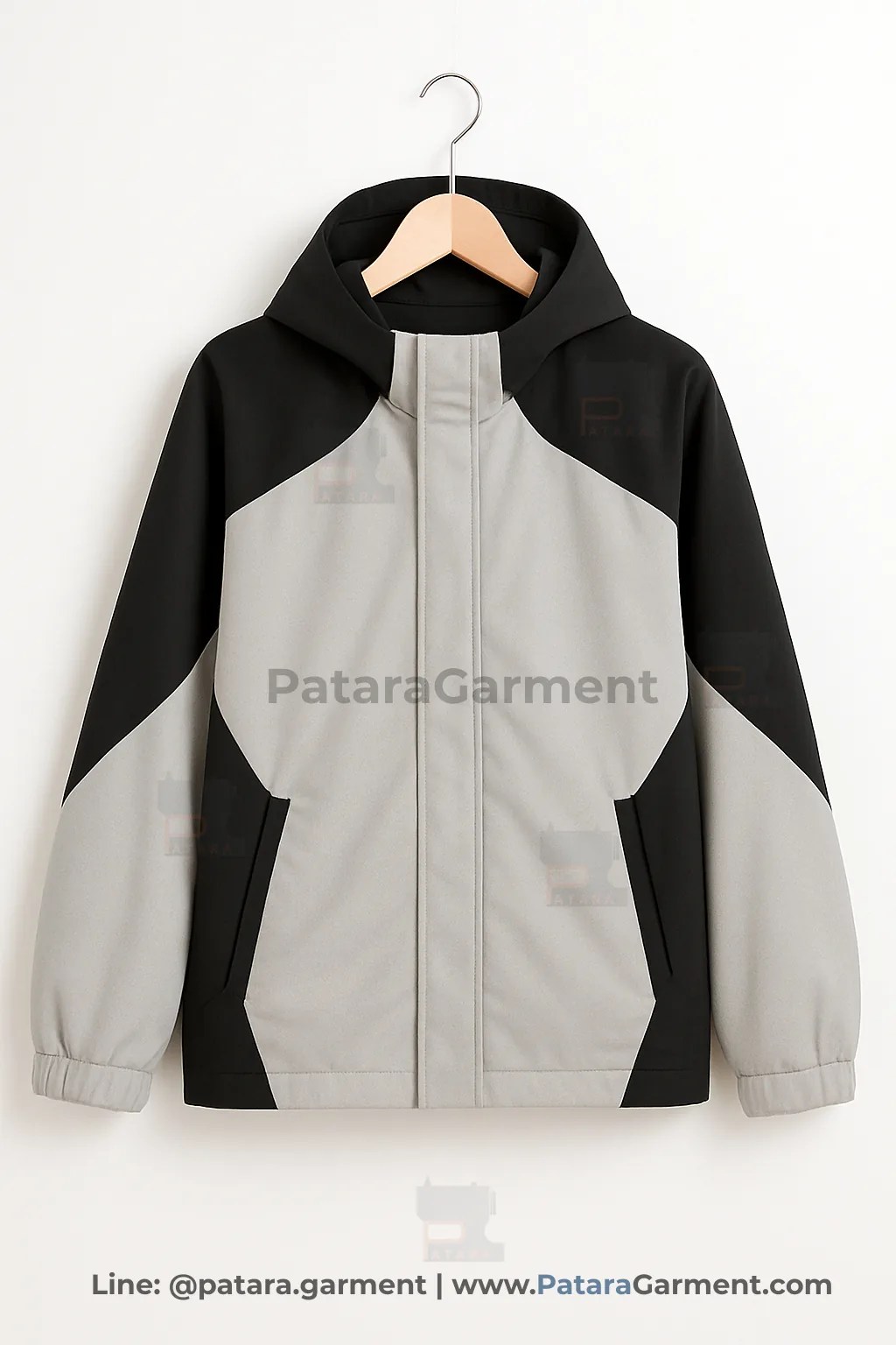 เสื้อแจ็คเก็ตมีฮู้ดทูโทนสีเทา-ดำ J022 ดีไซน์ตัดต่อเฉียง (เลือกสี/ผ้าและปักโลโก้ได้) รับผลิตยูนิฟอร์มโดยภัทร การ์เม้นท์