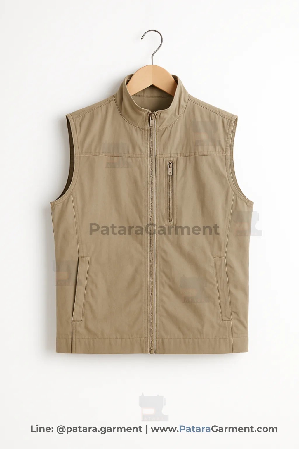 เสื้อกั๊กสีกากี J023 มีซิปอกแนวตั้งสำหรับยูนิฟอร์มทีมงาน (เลือกสี/ผ้าและปักโลโก้ได้) รับผลิตโดยภัทร การ์เม้นท์