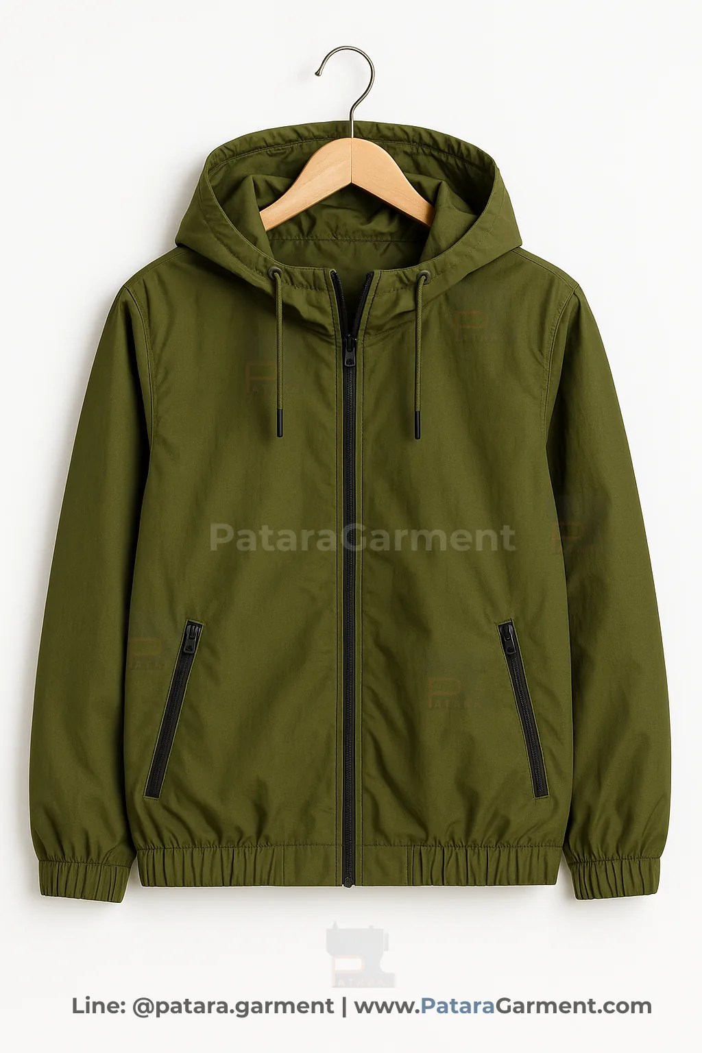 เสื้อแจ็คเก็ตมีฮู้ดสีเขียวขี้ม้า J025 สำหรับยูนิฟอร์มและเสื้อทีม (เลือกสี/ผ้าและปักโลโก้ได้) รับผลิตโดยภัทร การ์เม้นท์