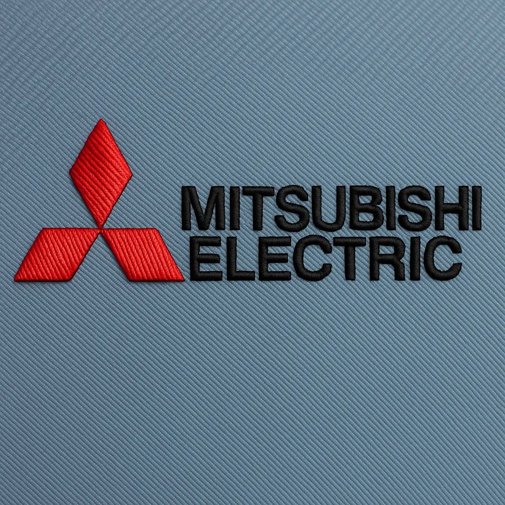 โลโก้ “Mitsubishi Electric” รูปสามเหลี่ยมสีแดงสามชิ้นและตัวอักษรสีดำ ปักบนผ้าพื้นสีฟ้าเทา