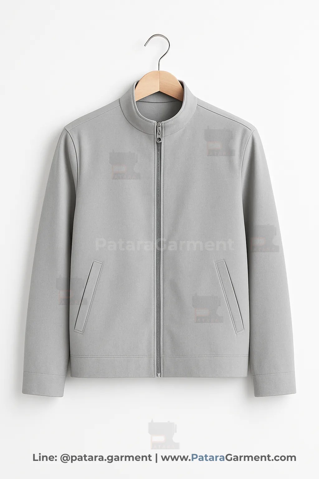 เสื้อแจ็คเก็ตคอจีนสีเทาอ่อน J026 สำหรับยูนิฟอร์มและเสื้อทีม (เลือกสี/ผ้าและปักโลโก้ได้) รับผลิตโดยภัทร การ์เม้นท์