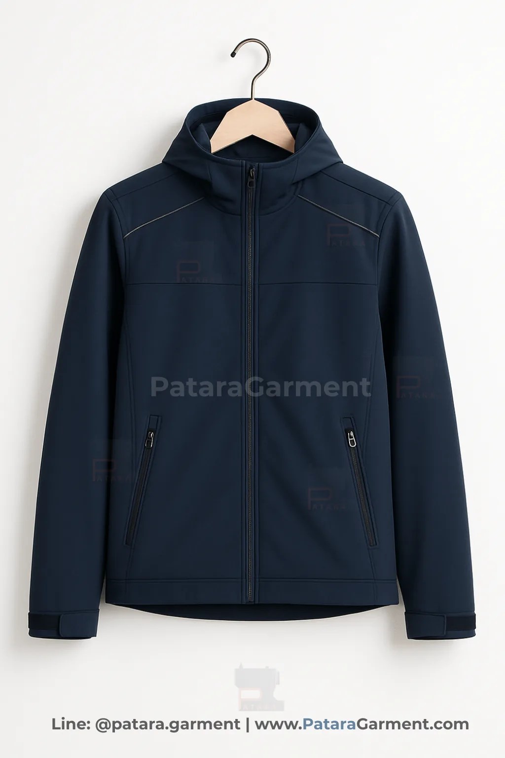 เสื้อแจ็คเก็ตซอฟต์เชลล์กันน้ำสีน้ำเงินกรมท่า J027 สำหรับยูนิฟอร์มและเสื้อทีม (เลือกสี/ผ้าและปักโลโก้ได้) รับผลิตโดยภัทร การ์เม้นท์