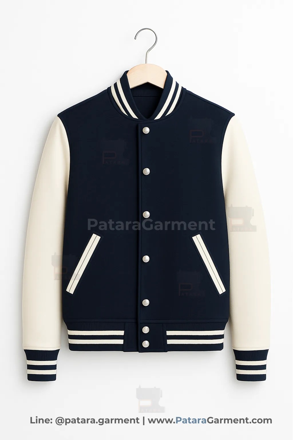เสื้อแจ็คเก็ตวาร์ซิตี้ตัวเสื้อสีน้ำเงินแขนครีม J033 ทรงคลาสสิก (เลือกสี/ผ้าและปักโลโก้ได้) รับผลิตโดยภัทร การ์เม้นท์