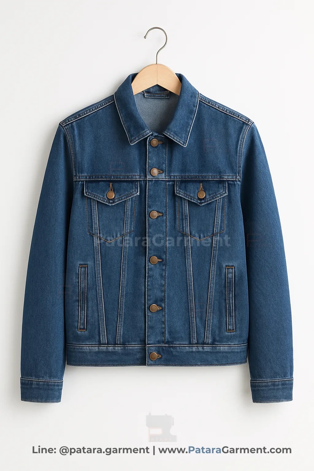 เสื้อแจ็คเก็ตเดนิมทรัคเกอร์สียีนส์กลาง J035 ทรงคลาสสิกกระดุมทองเหลือง (เลือกซักสี/ทรงและปักโลโก้ได้) รับผลิตโดยภัทร การ์เม้นท์