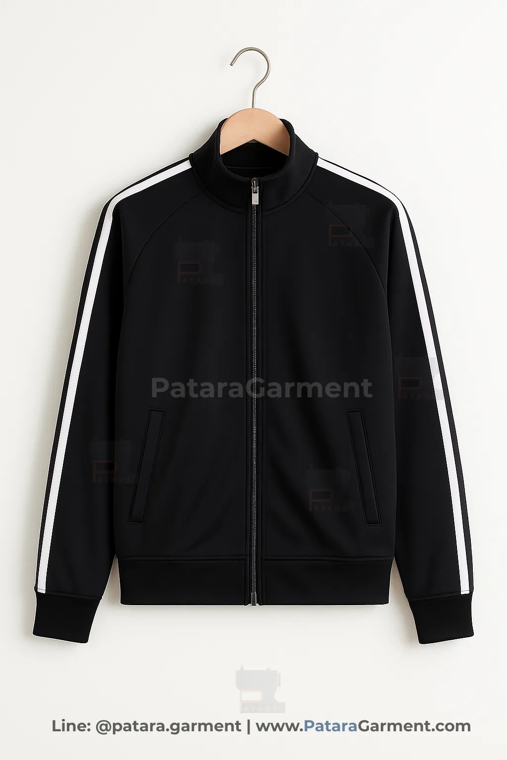 เสื้อแทร็คแจ็คเก็ตสีดำแถบขาว J040 ผ้าโพลีทรอคิต ยืดเบา ซิปหน้า (เลือกสี/ปักโลโก้ได้) รับผลิตโดยภัทร การ์เม้นท์
