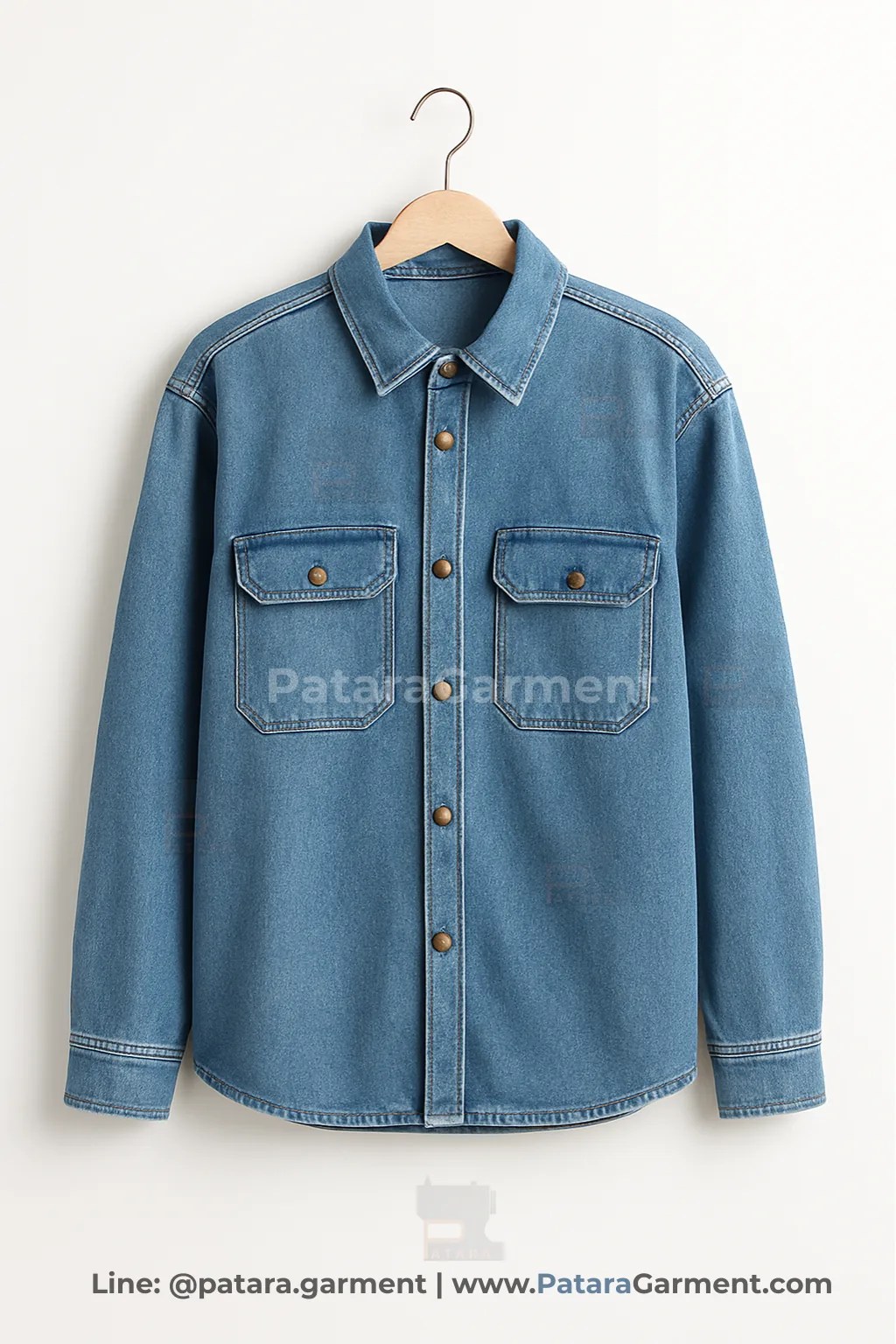 เสื้อโอเวอร์ชิทแจ็คเก็ตยีนส์สีฟ้าล้างปานกลาง J043 ทรงเชิ้ตใหญ่ใส่คลุมได้ (เลือกสี/ปักโลโก้ได้) รับผลิตโดยภัทร การ์เม้นท์