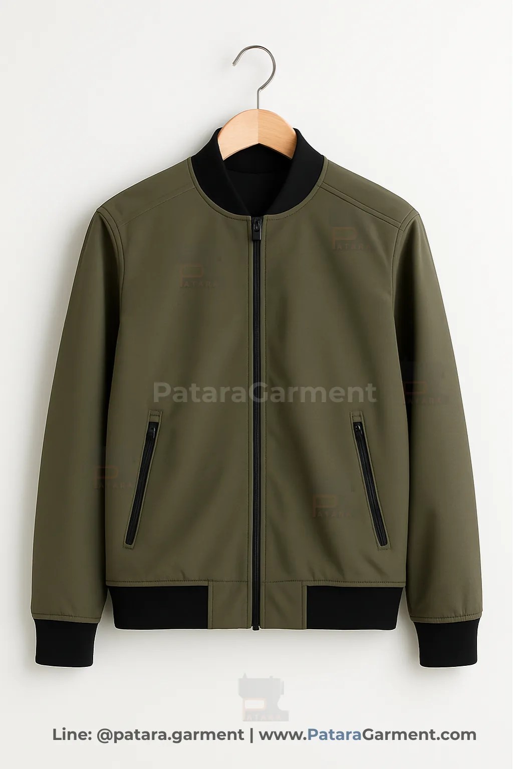 เสื้อแจ็คเก็ตซอฟต์เชลล์บอมเบอร์สีเขียวมะกอกขอบดำ J045 ไม่มีฮู้ด ซิปกันน้ำ (เลือกสี/ปักโลโก้ได้) รับผลิตโดยภัทร การ์เม้นท์