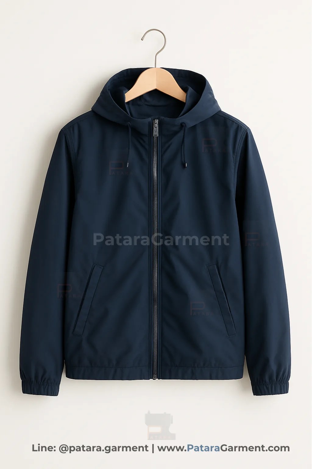 เสื้อแจ็คเก็ตฮู้ดกันละอองฝนสีน้ำเงิน J046 น้ำหนักเบา ซิปหน้า (เลือกสี/ปักโลโก้ได้) รับผลิตโดยภัทร การ์เม้นท์