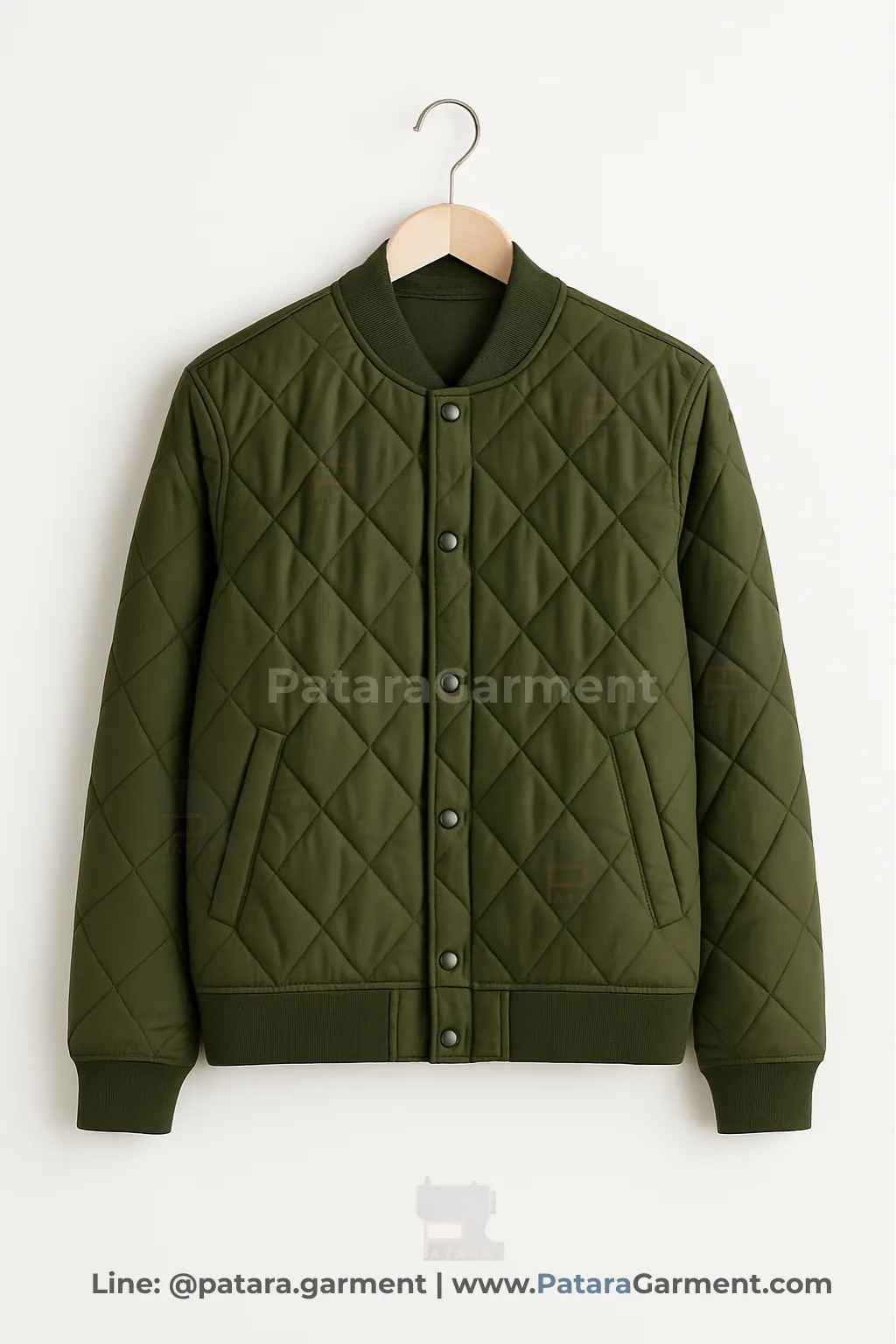 เสื้อแจ็คเก็ตไลเนอร์ควิลท์ลายเพชรสีเขียวมะกอก J049 น้ำหนักเบา ใส่เป็นเลเยอร์ได้ (เลือกสี/ปักโลโก้ได้) รับผลิตโดยภัทร การ์เม้นท์