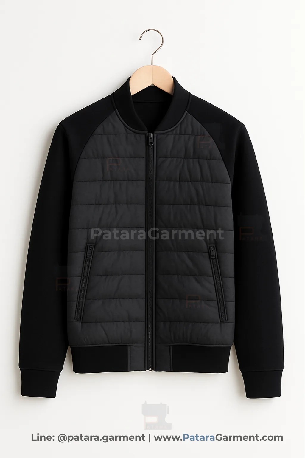 เสื้อบอมเบอร์ไฮบริดตัวหน้าควิลท์สีชาร์โคล แขนผ้านิตสีดำ J050 น้ำหนักเบา (เลือกสี/ปักโลโก้ได้) รับผลิตโดยภัทร การ์เม้นท์