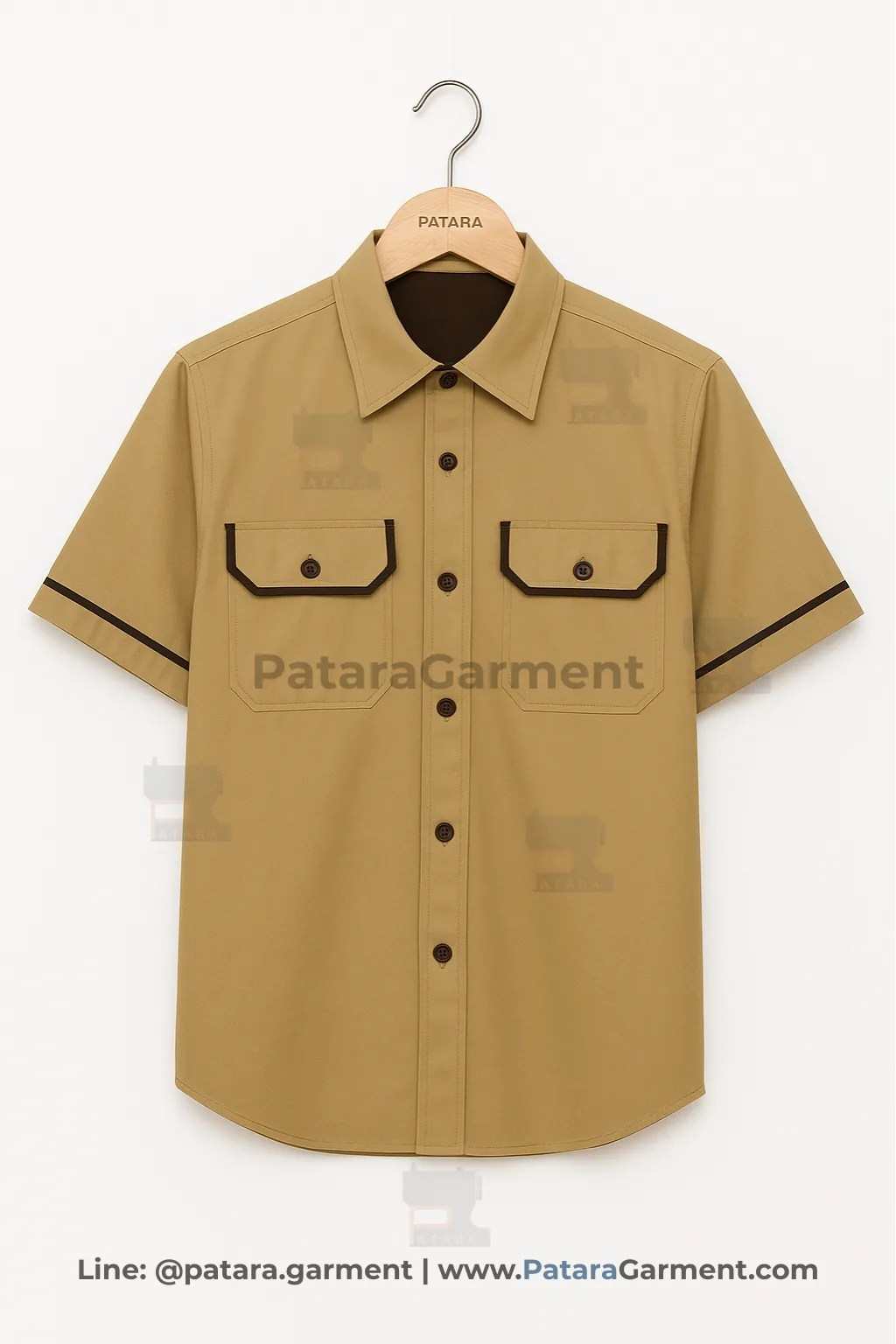 เสื้อยูนิฟอร์มแขนสั้นสีกากี ขลิบดำ รุ่น U003 | สั่งตัดยูนิฟอร์ม Made to Order ปักโลโก้ โดย ภัทร การ์เม้นท์ (Patara Garment)