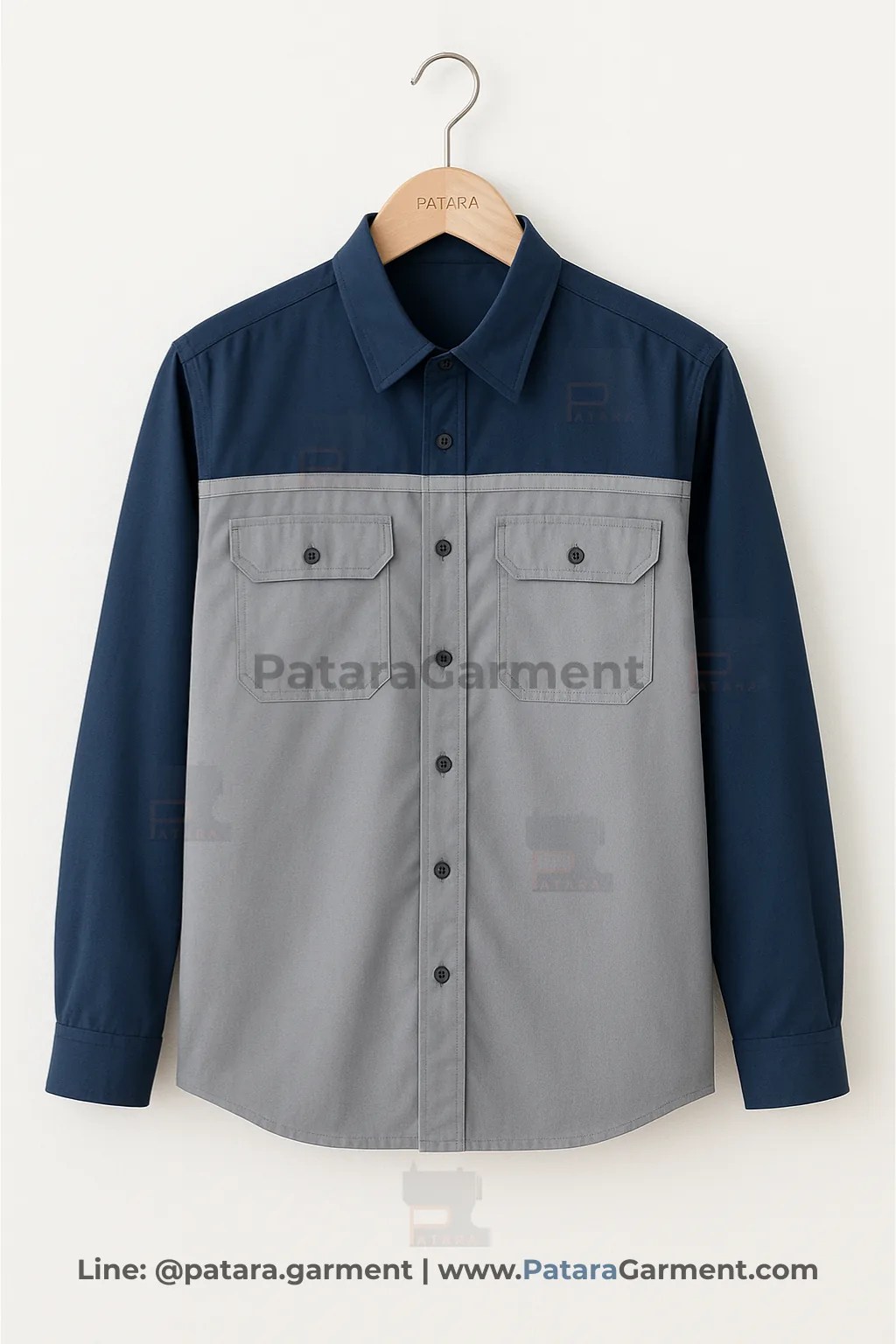 เสื้อช็อปแขนยาวทูโทน เทา–กรมท่า รุ่น U006 | สั่งตัดเสื้อช็อปวิศวกร Made to Order กับ Patara Garment (ภัทร การ์เม้นท์)