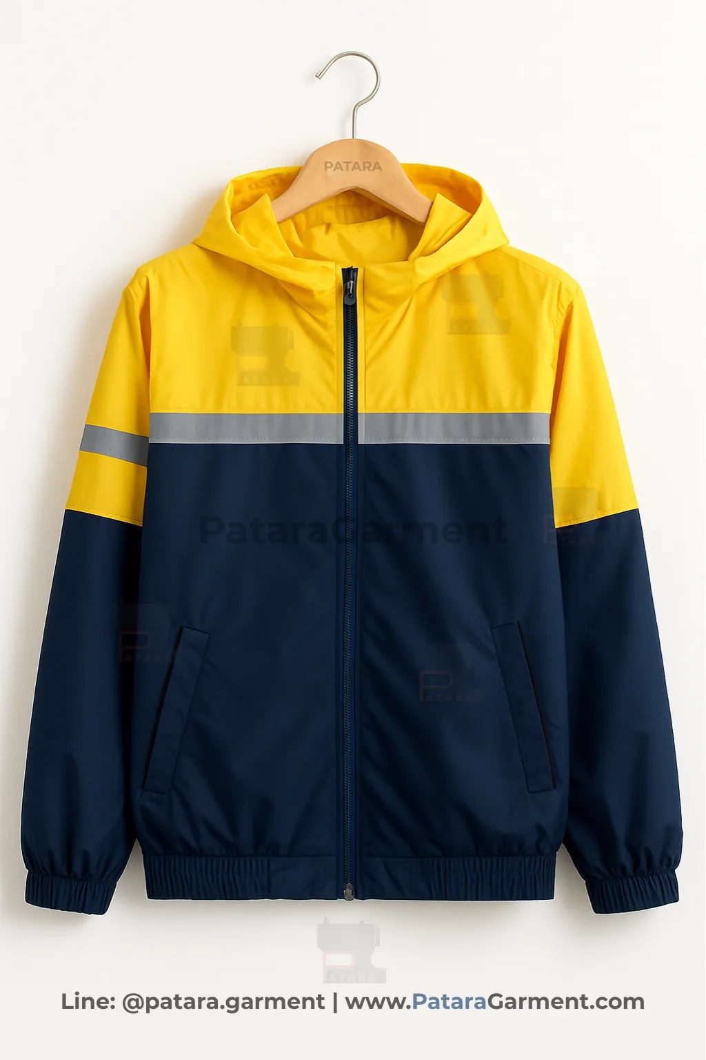 เสื้อแจ็คเก็ตผ้าร่มกันฝน เหลือง–กรมท่า แถบสะท้อน รุ่น U007 | ผลิตเสื้อวินด์เบรกเกอร์ Made to Order โดย ภัทร การ์เม้นท์