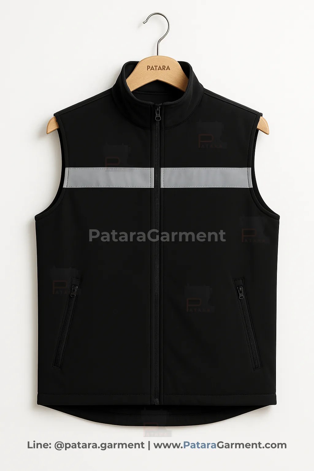 เสื้อกั๊กซอฟต์เชลล์สีดำ แถบสะท้อน รุ่น U008 | สั่งผลิตเสื้อกั๊กยูนิฟอร์มภาคสนาม Made to Order ที่ Patara Garment