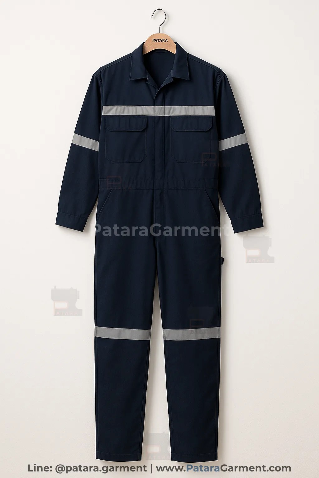 ชุดหมีช่างสีกรมท่า แถบสะท้อนรอบตัว รุ่น U010 | รับผลิตชุดหมี PPE Made to Order โรงงาน โดย Patara Garment (ภัทร การ์เม้นท์)