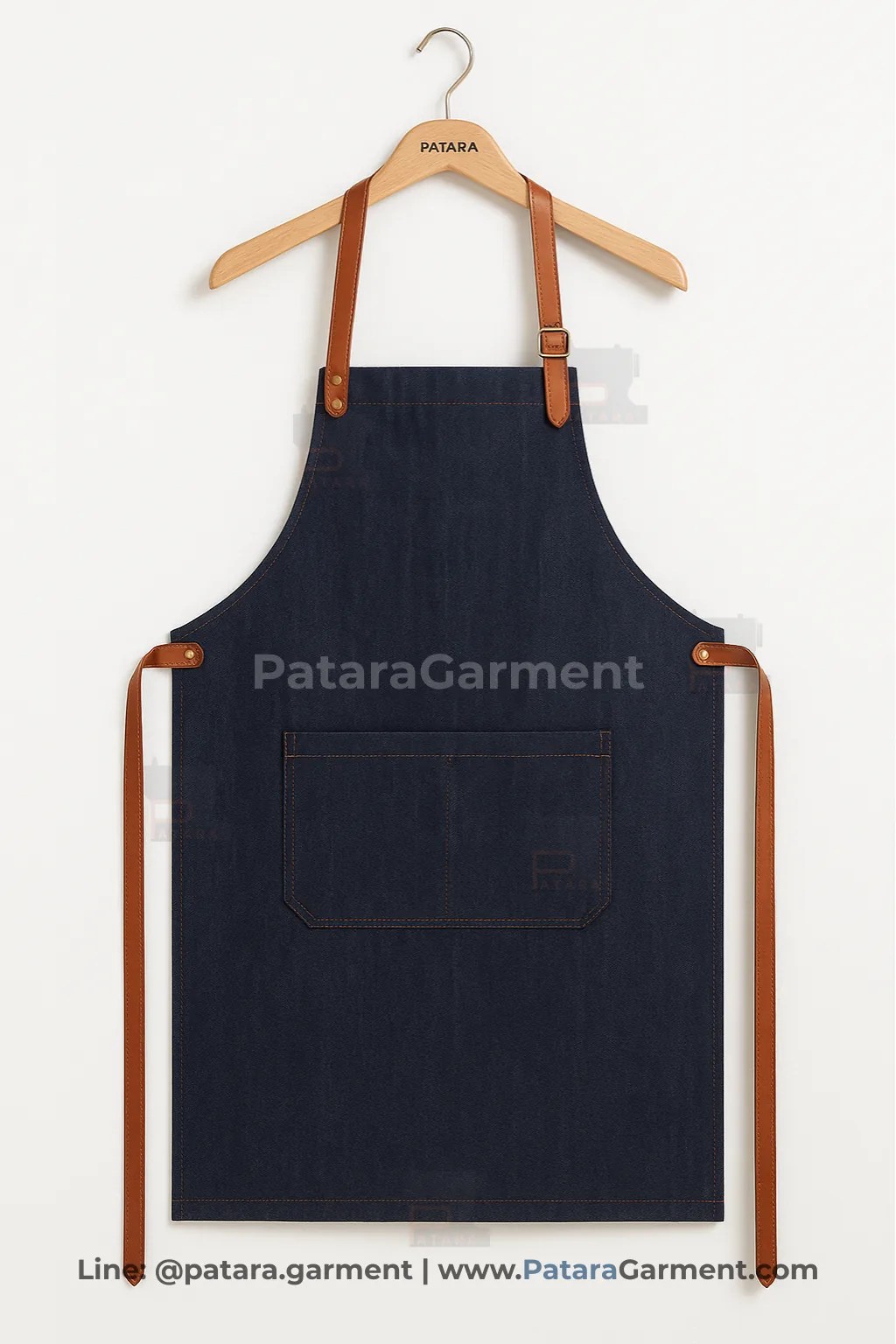 ผ้ากันเปื้อนยีนส์สายหนัง รุ่น U011 | สั่งทำผ้ากันเปื้อนคาเฟ่ Made to Order ปัก/สกรีนโลโก้ กับ ภัทร การ์เม้นท์