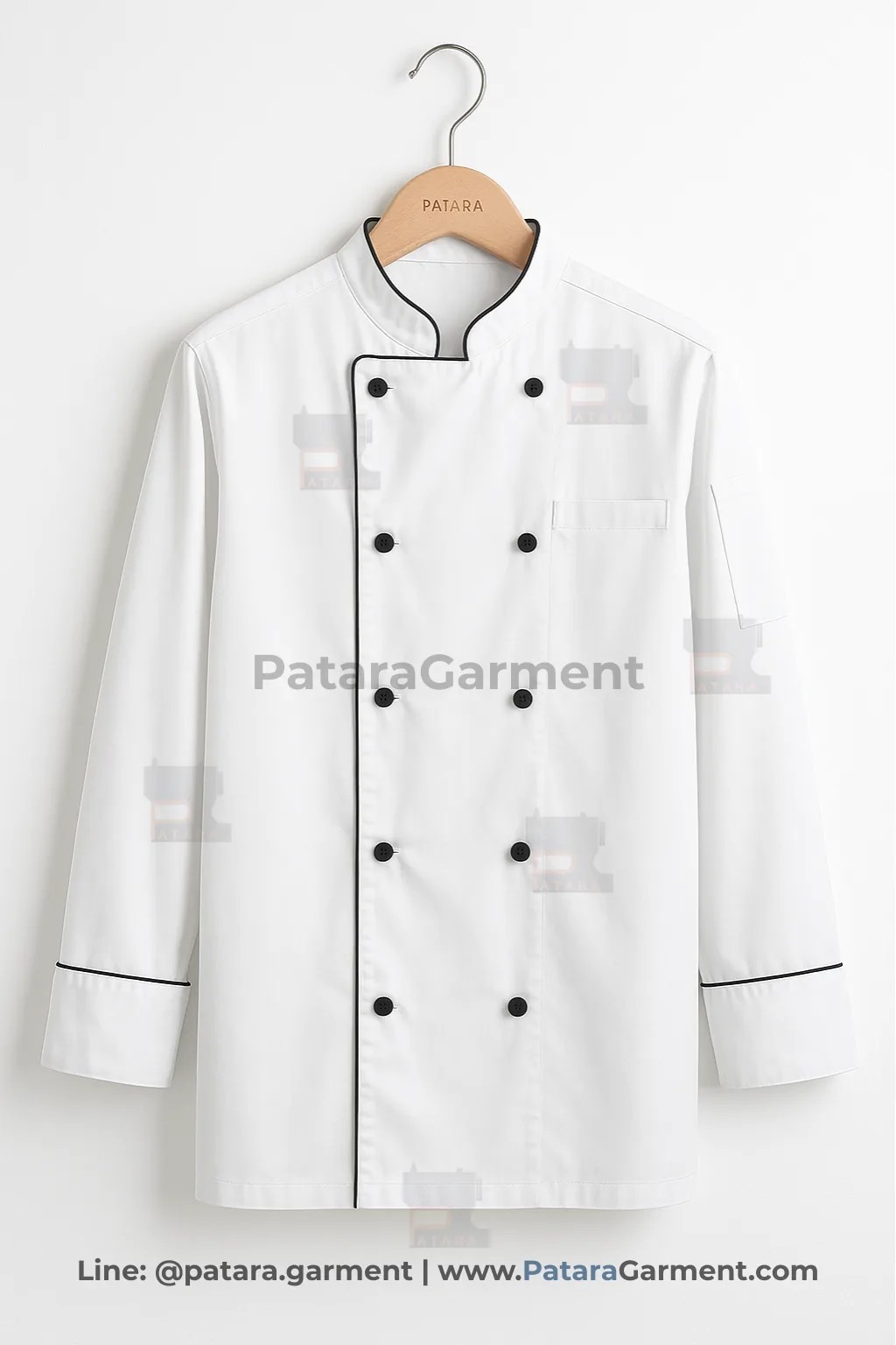 เสื้อเชฟสีขาวขลิบดำ แขนยาว รุ่น U012 | ผลิตเสื้อเชฟร้านอาหาร/โรงแรม Made to Order โดย Patara Garment