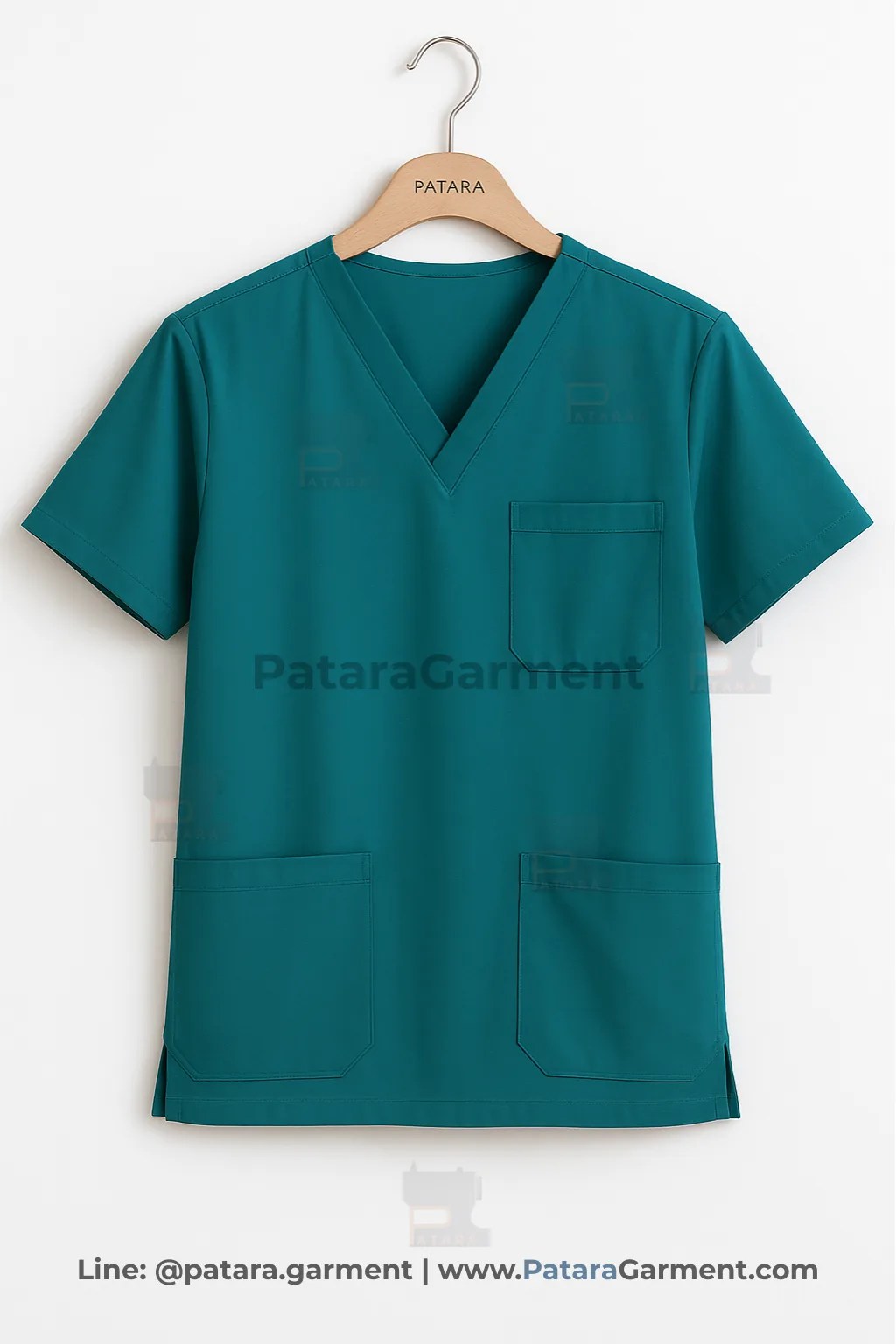 เสื้อสครับแพทย์สีเขียวน้ำทะเล รุ่น U014 | ผลิตชุดสครับแพทย์–พยาบาล Made to Order โดย Patara Garment