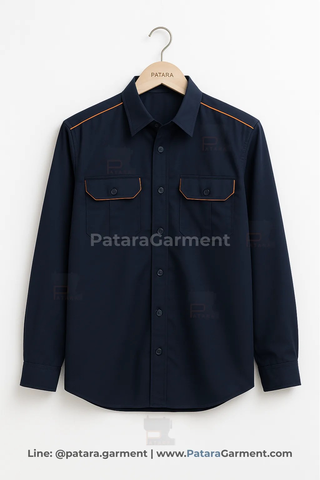 เสื้อยูนิฟอร์มช่างแขนยาวสีกรมท่าขลิบส้ม รุ่น U017 | สั่งผลิตเสื้อช่าง Made to Order กับ ภัทร การ์เม้นท์