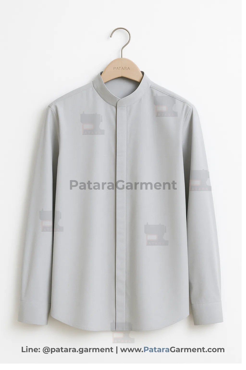 เสื้อคอจีนยูนิฟอร์มแขนยาวสีเทาอ่อน รุ่น U020 | สั่งผลิตเสื้อคอจีนสไตล์มินิมอล Made to Order โดย Patara Garment