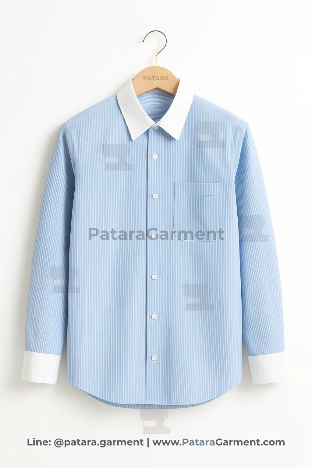 เสื้อเชิ้ตลายทางฟ้าอ่อน คอ–ปลายขาว รุ่น U024 | ผลิตเสื้อเชิ้ตคอนทราสต์คอปก Made to Order กับ Patara Garment