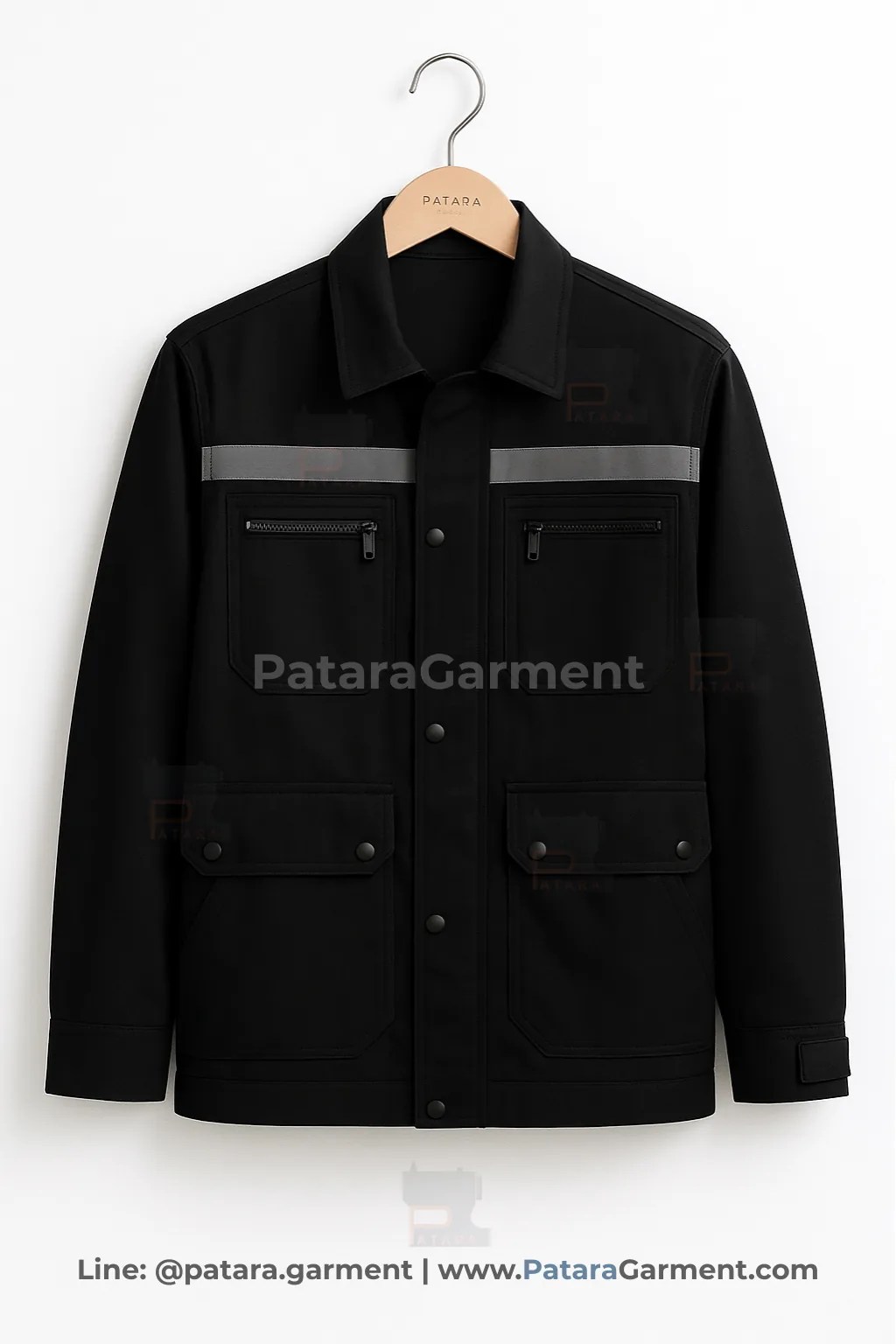 เสื้อช็อปช่างยูทิลิตี้สีดำ แถบสะท้อนแสง รุ่น U034 แขวนบนไม้แขวน Patara พื้นหลังขาวอัตราส่วน 3:4 | สั่งผลิต Made to Order โดย Patara Garment (ภัทร การ์เม้นท์) ขั้นต่ำ 50 ชุด