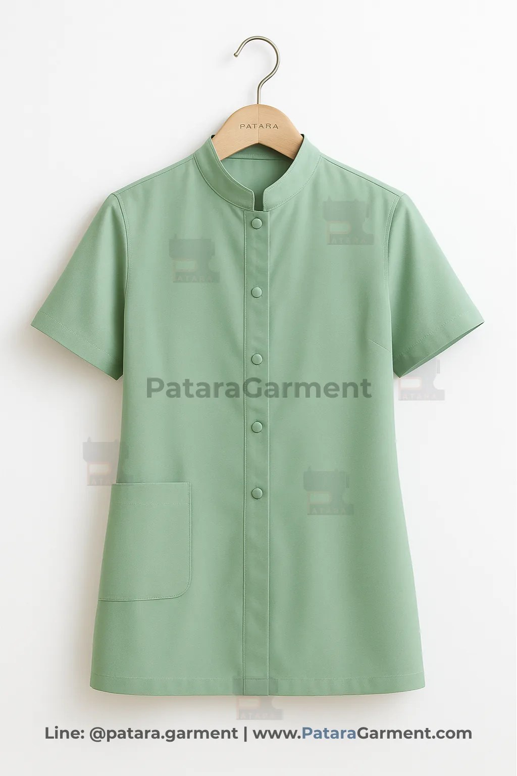 ชุดยูนิฟอร์มแม่บ้านสีเขียวพิสตาชิโอ คอจีน รุ่น U036 | สั่งผลิตชุดแม่บ้าน Made to Order ปักโลโก้ โดย ภัทร การ์เม้นท์