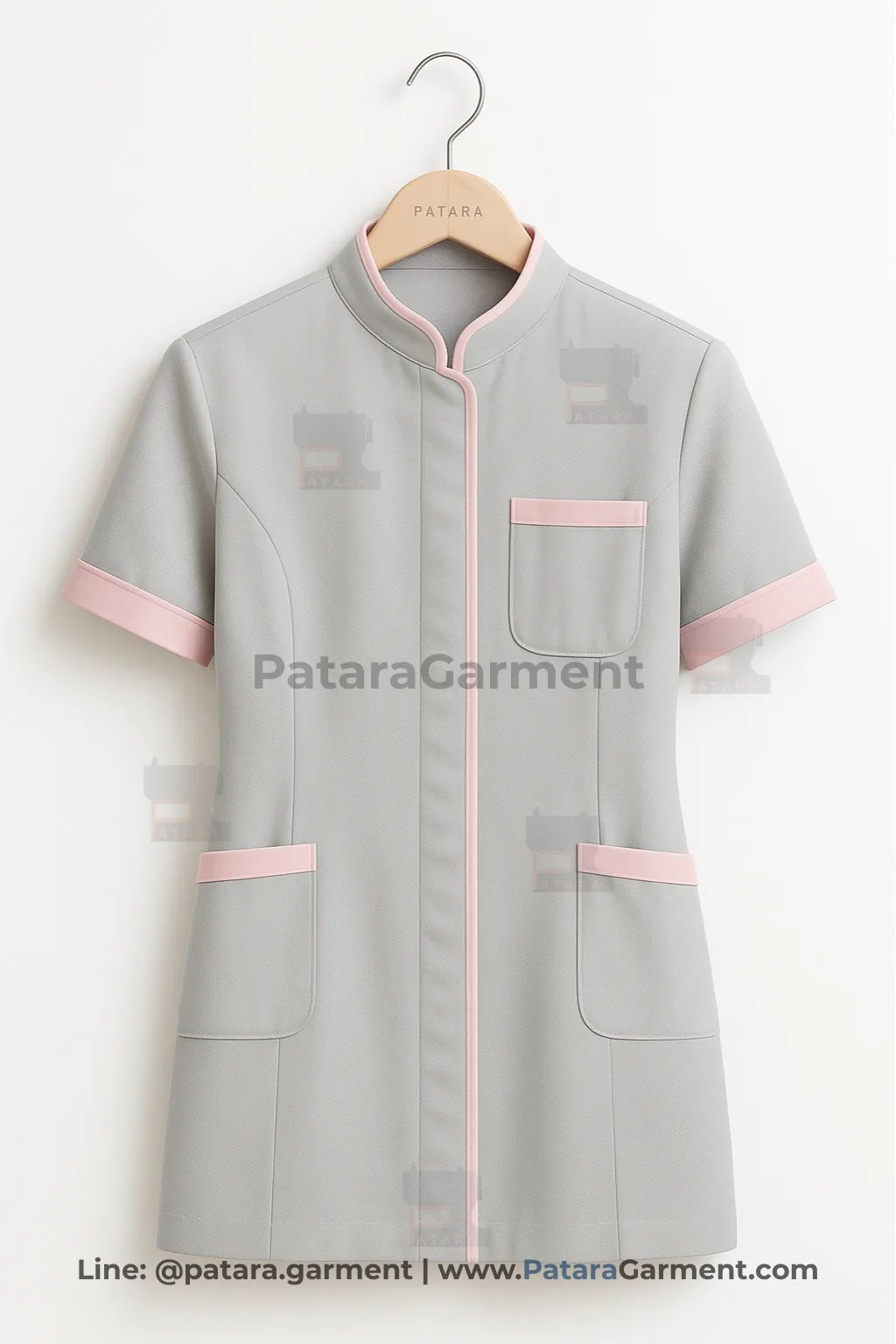 ชุดยูนิฟอร์มแม่บ้านสีเทาอ่อน ขลิบชมพูพาสเทล รุ่น U037 | ผลิตชุดแม่บ้านสไตล์มินิมอล Made to Order กับ Patara Garment
