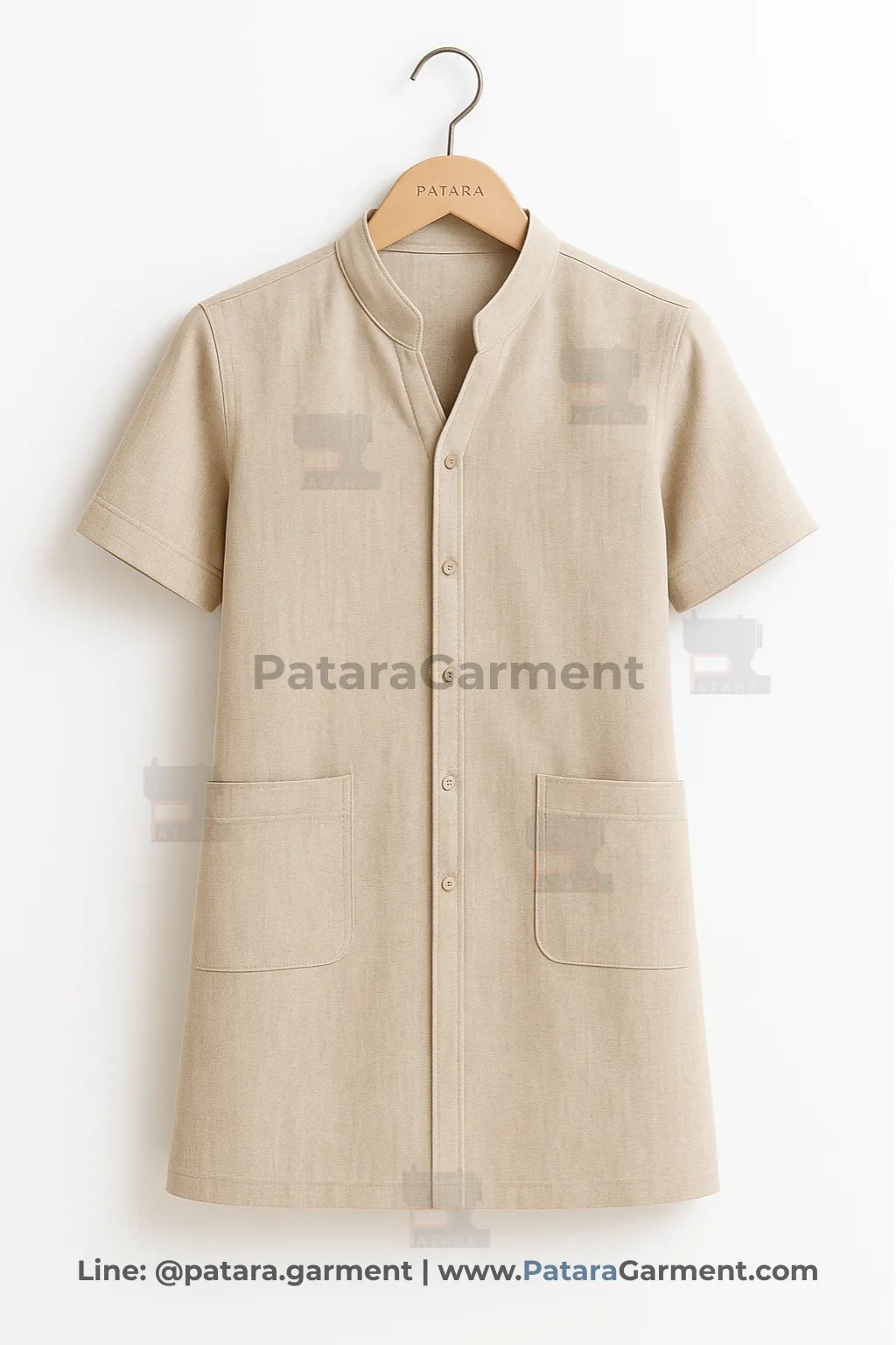 ชุดยูนิฟอร์มแม่บ้านโทนเบจ ผ้าลินินผสม รุ่น U039 | ผลิตชุดแม่บ้านลุค Eco Made to Order กับ Patara Garment