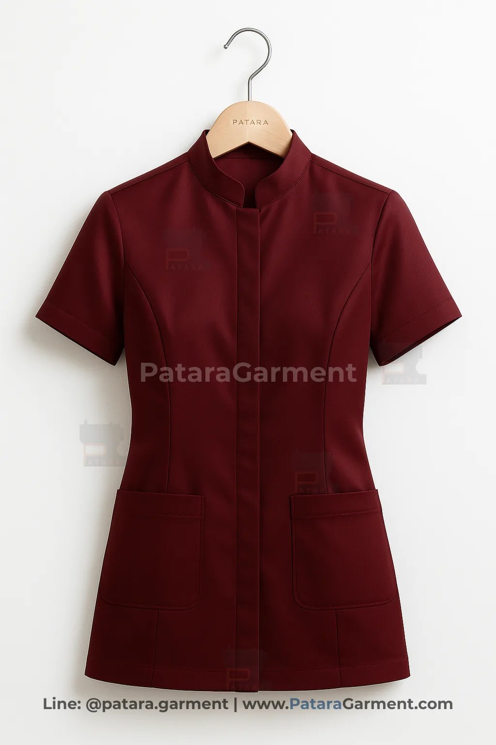 ชุดยูนิฟอร์มแม่บ้านสีเบอร์กันดี ปกจีน ทรงสลิม รุ่น U040 | สั่งผลิตชุดแม่บ้าน Made to Order โดย ภัทร การ์เม้นท์