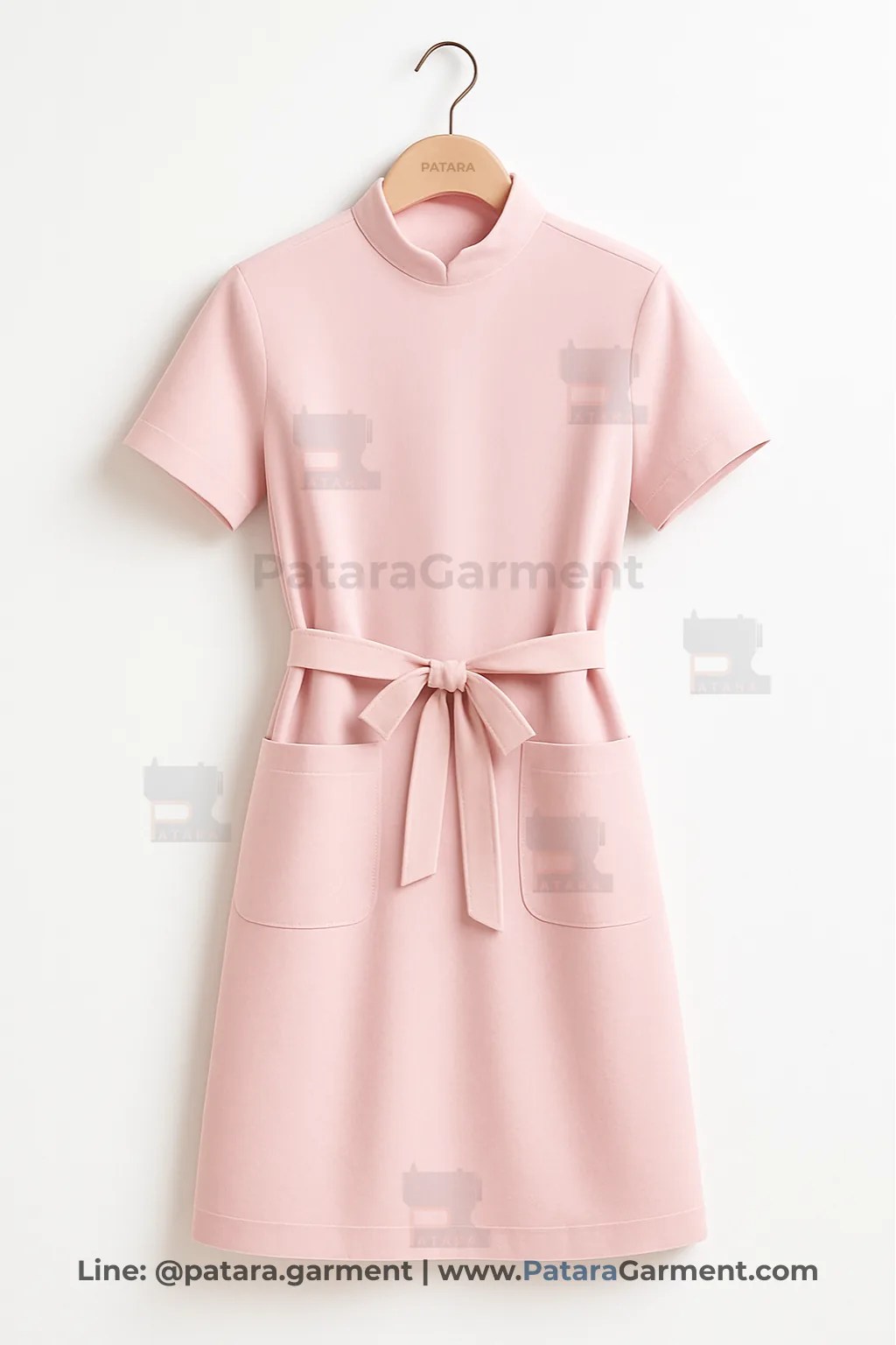ชุดยูนิฟอร์มแม่บ้านเดรสสีชมพูอ่อน ผูกเอว รุ่น U041 | รับผลิตเดรสแม่บ้าน Made to Order กับ Patara Garment
