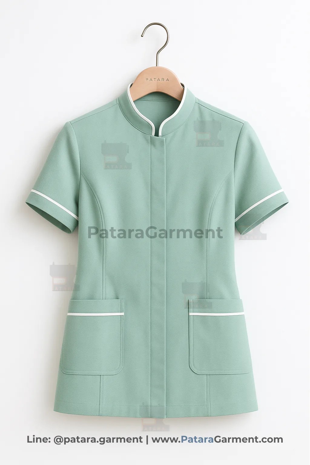 ชุดยูนิฟอร์มแม่บ้านสีเขียวมิ้นต์ ขลิบขาว รุ่น U042 | สั่งผลิตชุดแม่บ้าน Made to Order โดย ภัทร การ์เม้นท์ (Patara Garment)