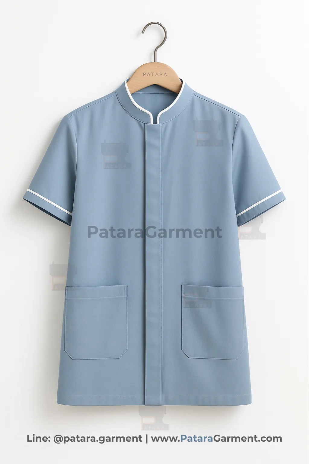 ชุดยูนิฟอร์มแม่บ้านสีฟ้าพาสเทล ขลิบขาว รุ่น U045 | รับผลิตชุดแม่บ้าน Made to Order โดย Patara Garment