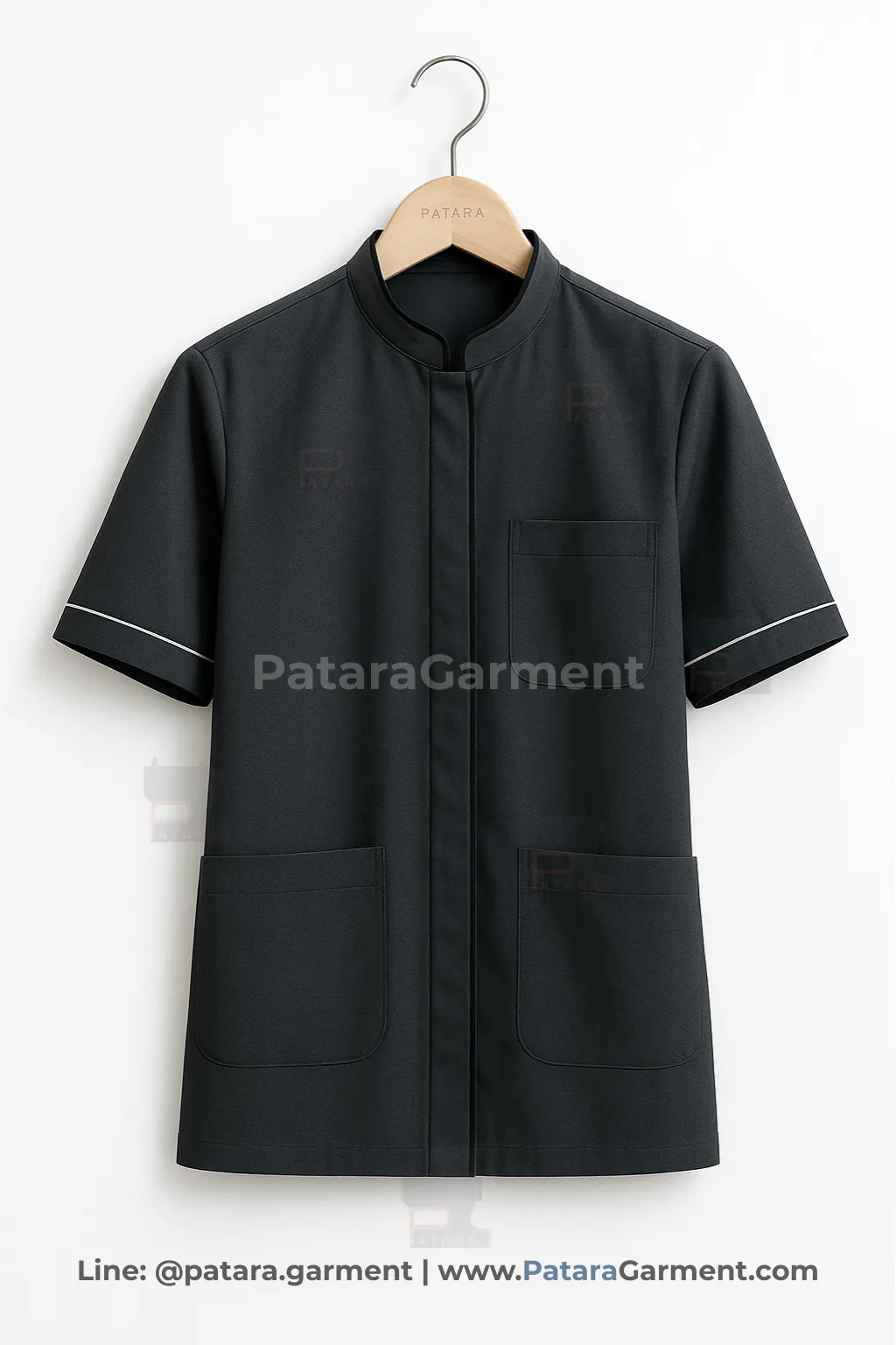 ชุดยูนิฟอร์มแม่บ้านสีเทาเข้ม ขลิบดำ รุ่น U046 | สั่งผลิตชุดแม่บ้านบริษัท/คอนโด Made to Order กับ ภัทร การ์เม้นท์