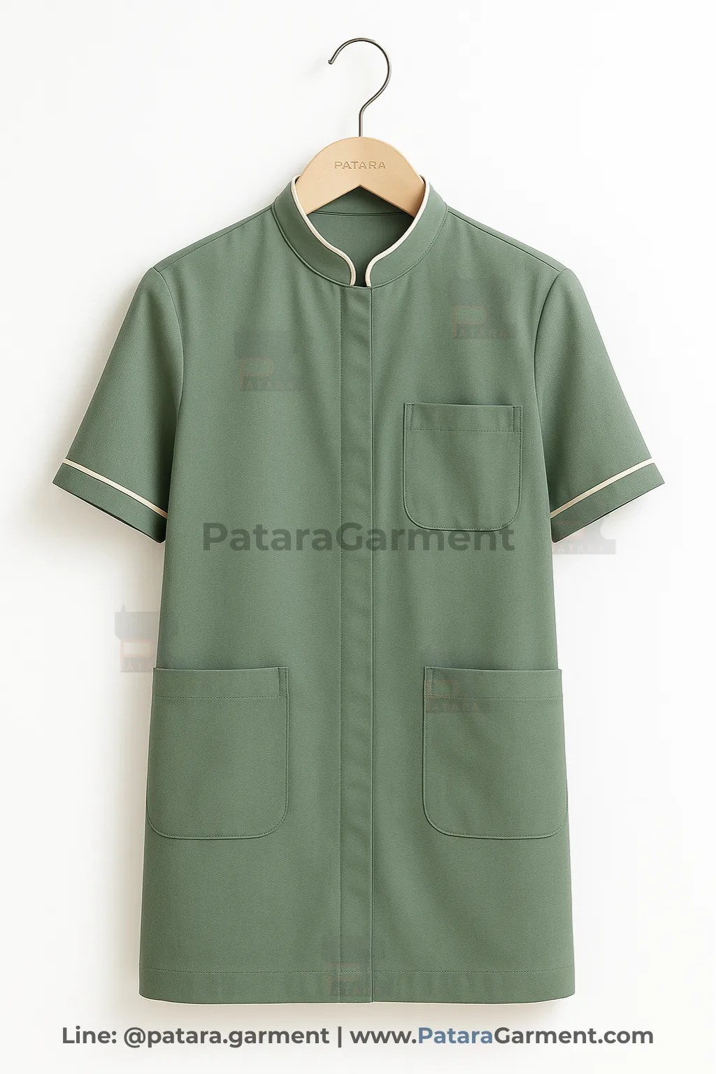 ชุดยูนิฟอร์มแม่บ้านสีเขียวใบชา ขลิบครีม รุ่น U047 | ผลิตชุดแม่บ้านลุคธรรมชาติ Made to Order โดย Patara Garment